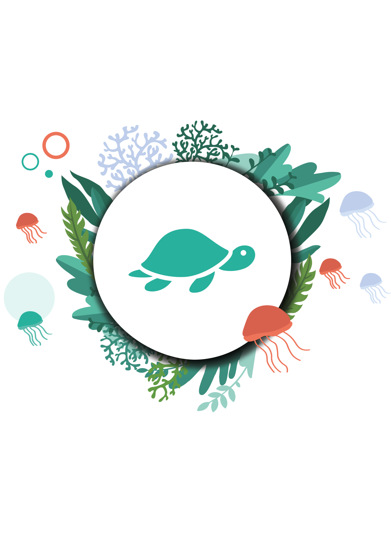 A sea turtle and jellyfish in the ocean representing the main theme of the project: the monitoring and protection of sea turtles.